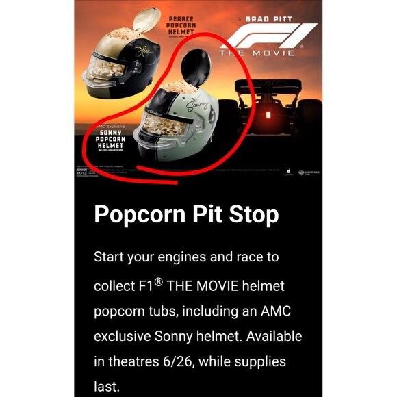 AMC F1 The Movie Sonny Popcorn Bucket Brad Pitt Helmet In Hand NEW - Picture 1 of 3